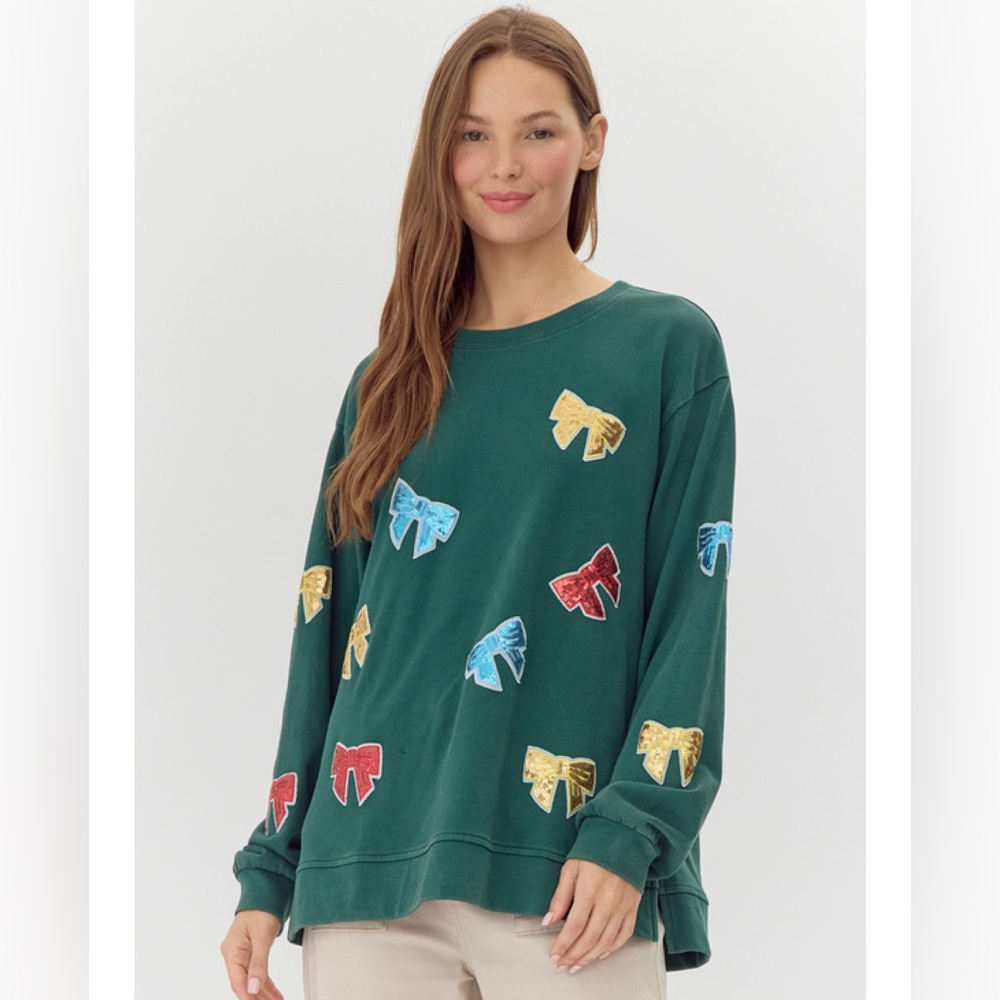 #257 New! Jodifil Oversized Sweatshirt W/Colorful sequins Bows - Picture 1 of 2